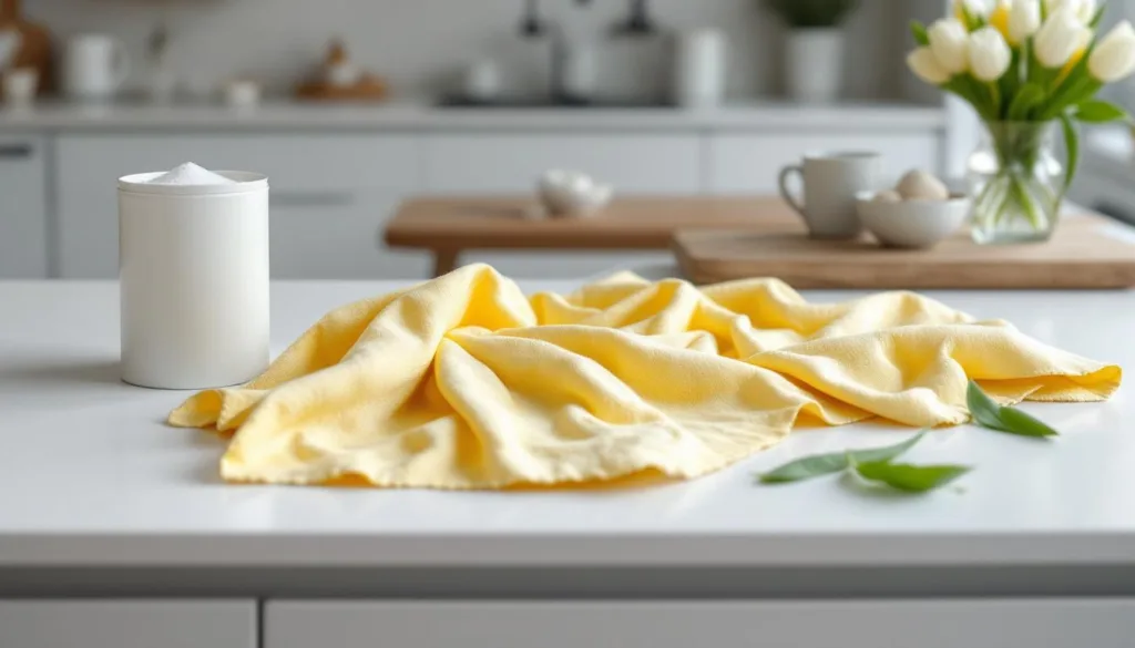 een huisvrouw deelt waarom bakpoeder je theedoeken nooit echt wit maakt en wat je beter kunt gebruiken voor stralend witte doeken.